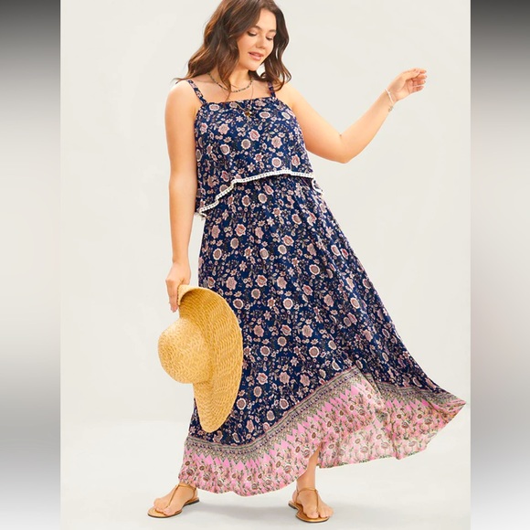 Bandana Print Spaghetti Strap Pocket Ruffles Asymmetrical Hem Maxi Dress - Picture 1 of 3